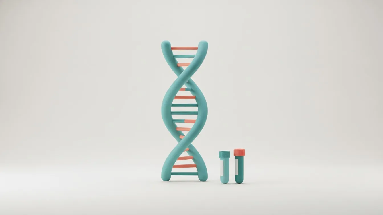 암유전자 검사 안내 일러스트 — DNA 이중나선과 타액·혈액 검체 용기